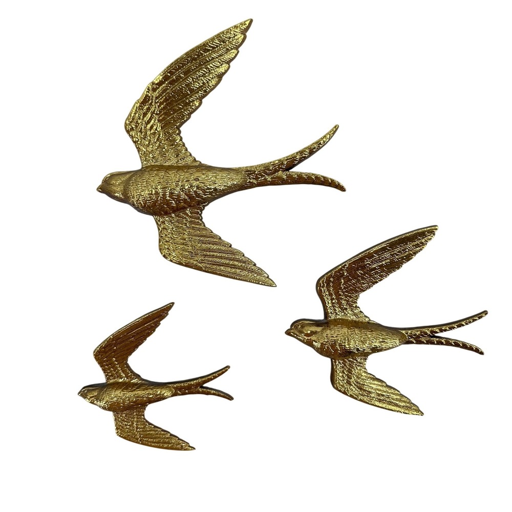 Vintage 1984 Burwood Gold Swallow Bird Wall Hanging Set of 3 MCM 2682 USA Retro
